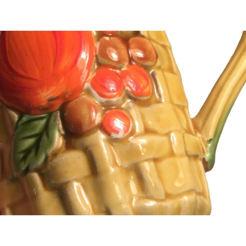 Vintage Ceramic Coffee Mugs Cups Yellow Basket Weave with Peaches on Front #5349 - Picture 4 of 8